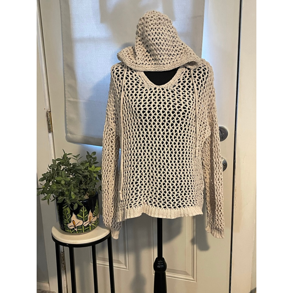 Artelier Nicole Miller Open Knit Hoodie Sweater Cream Boho Beach Cover Up M